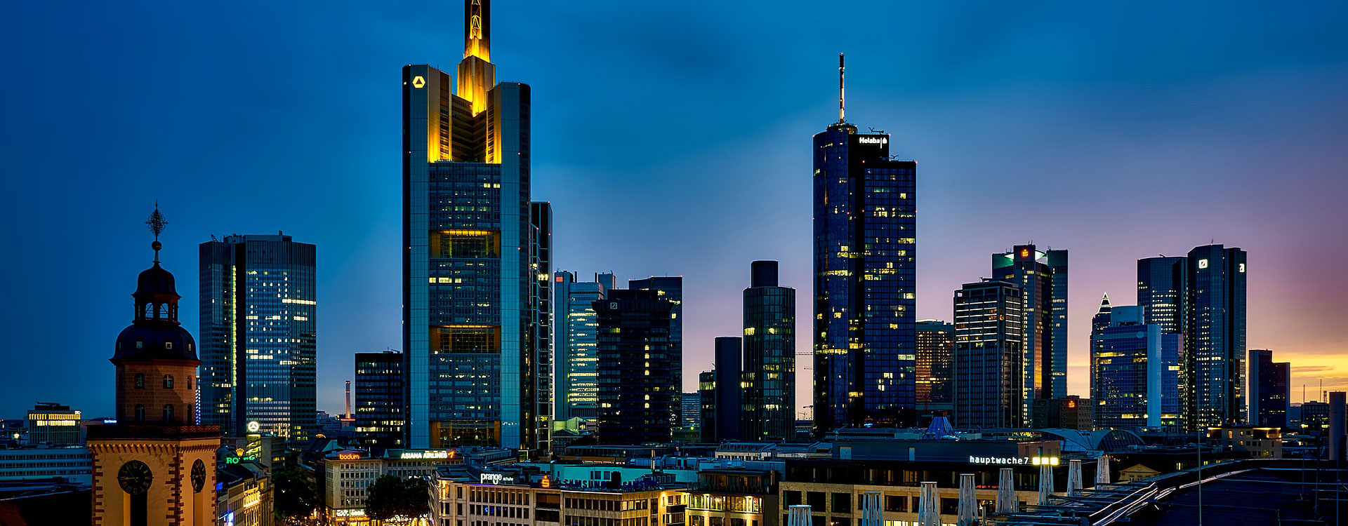 Skyline image of Frankfurt, Germany, at night.
