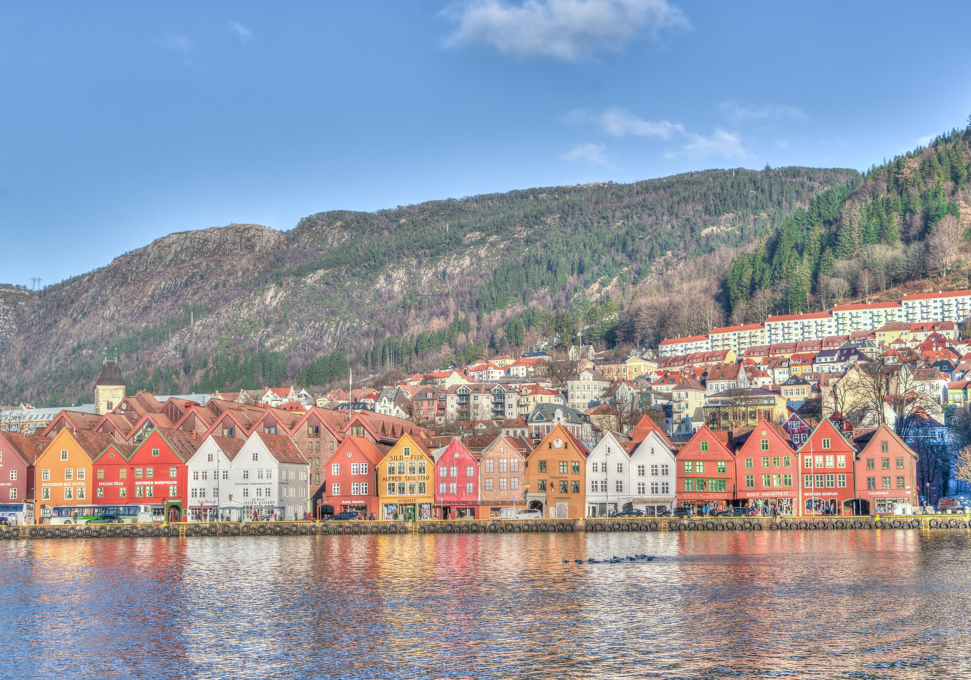View of historical buildings in Bryggen- Hanseatic wharf in Bergen, Norway